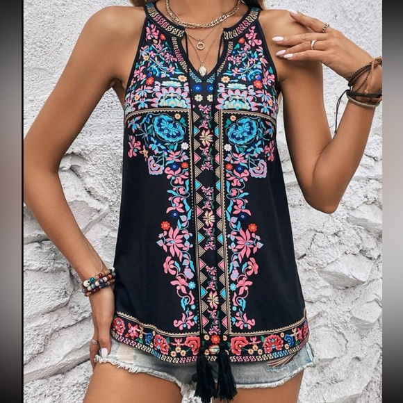 Boho Floral Print Tank Top Blouse Shirt Blue - Picture 7 of 10